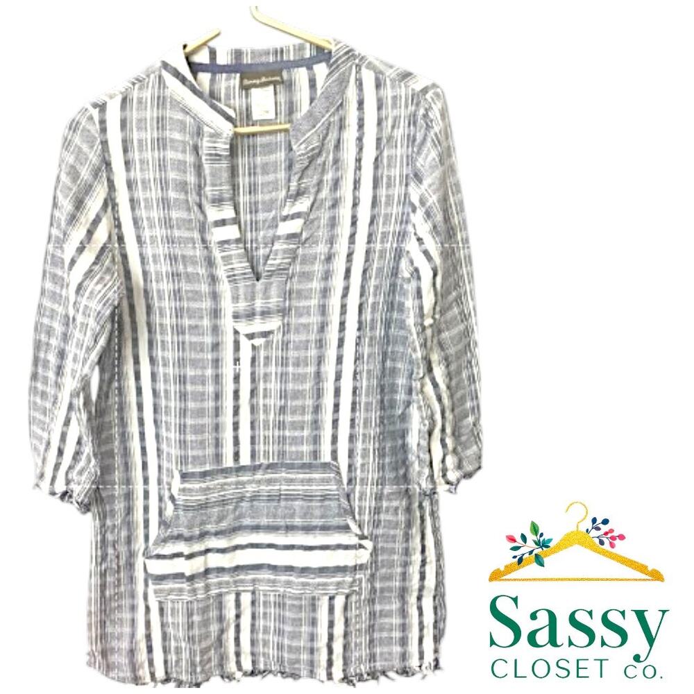 TOMMY BAHAMA Blue White Stripe Cotton Popover Tunic Small Resort EUC